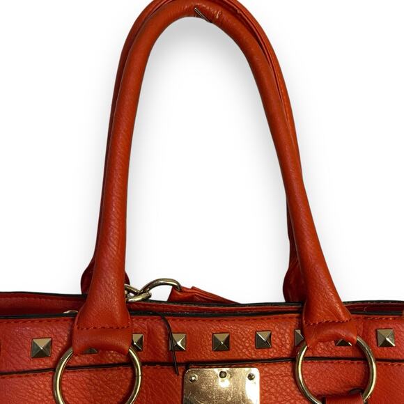Convertible Top Handle Shoulder Bag Women's Red Gold Studded Faux Leather Tote - Picture 4 of 14
